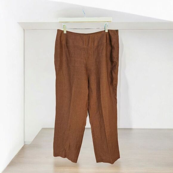 100% Irish Linen Brown Cropped Pants Flat Front Size 14 Lagenlook Minimalistic - Picture 1 of 8